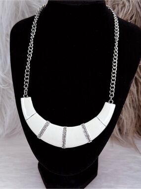 White Silver Tone Collar Statement Necklace Sparkle Striped Crescent Bib